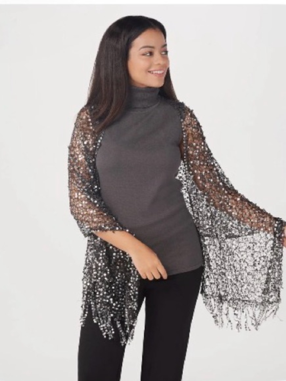 Sequined Fringe Shawl in Black with Black Sequins